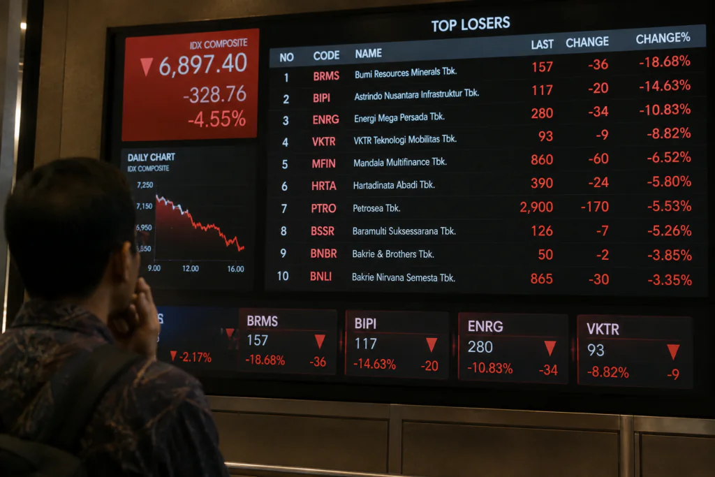 Emiten Grup Bakrie Dominasi Top Losers Sepekan, BRMS hingga BIPI Tertekan